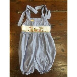 Girls smocked romper Blue Gingham Picnic Basket Design 24 Months